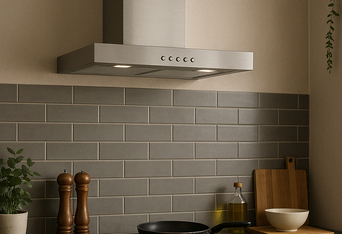 Απεικονίζεται ο απορροφητήρας εγκαταστημένος σε μια κουζίνα.